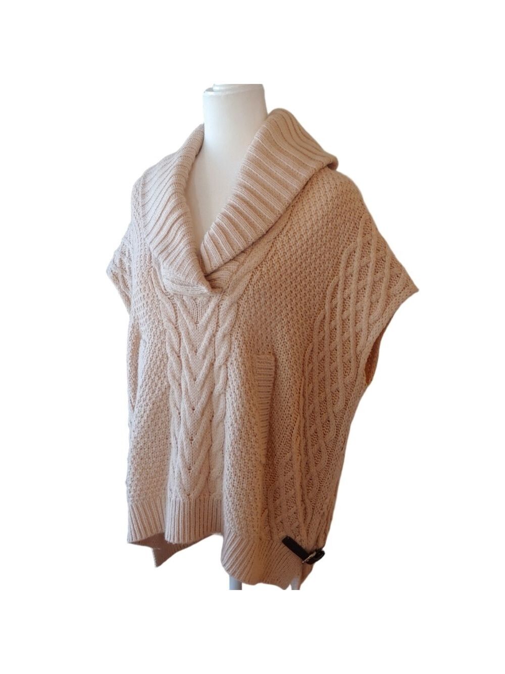Saks Fifth Ave Wool Blend Cream Cable Knit Cowl Sweater with Side Belts Small - Picture 3 of 16